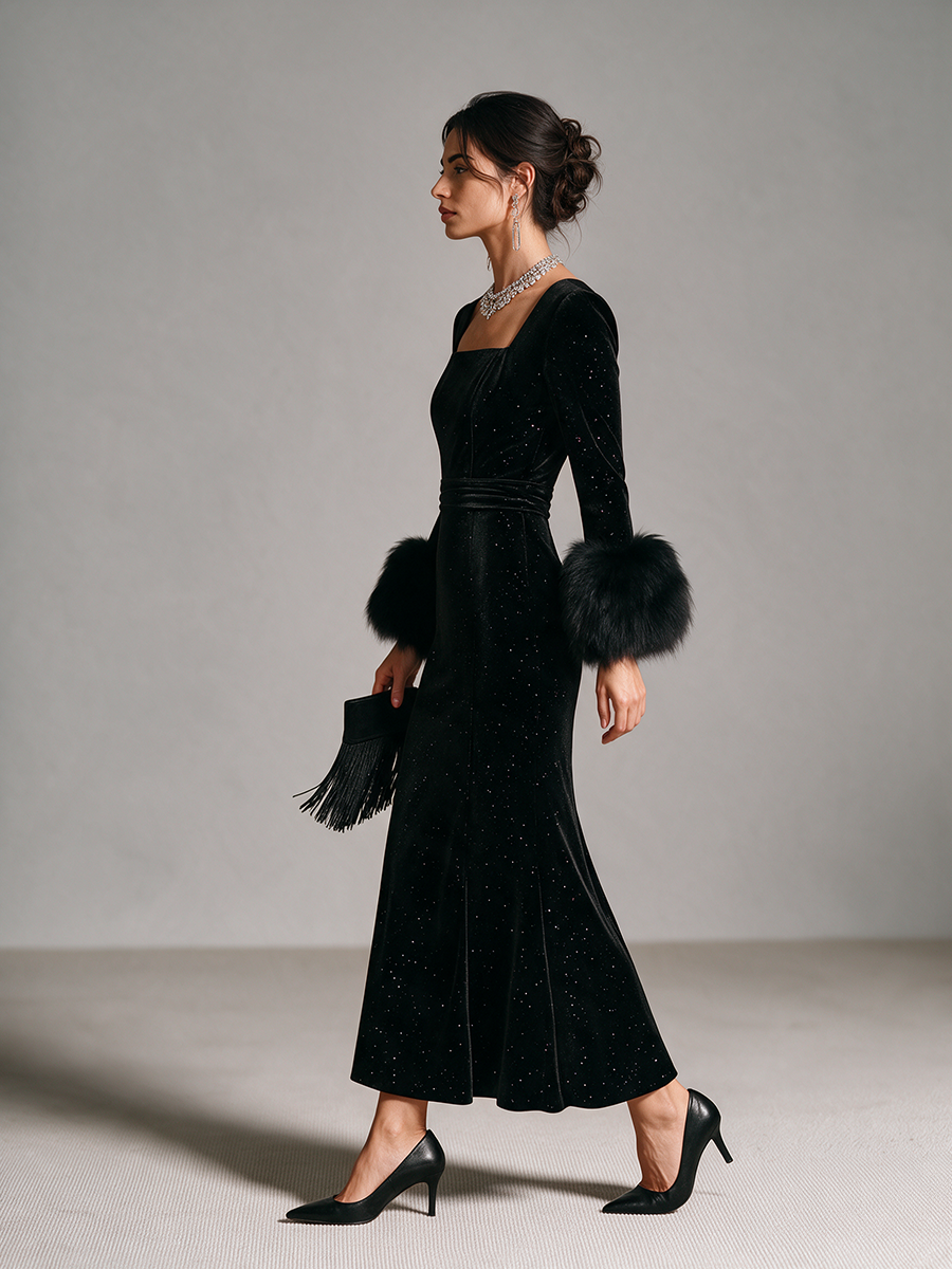 Vestido largo sirena de terciopelo con escote cuadrado y puños de pelo