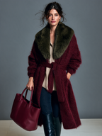 Chaqueta de mohair vintage con cinturón y cuello chal de pelo