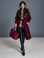 Chaqueta de mohair vintage con cinturón y cuello chal de pelo