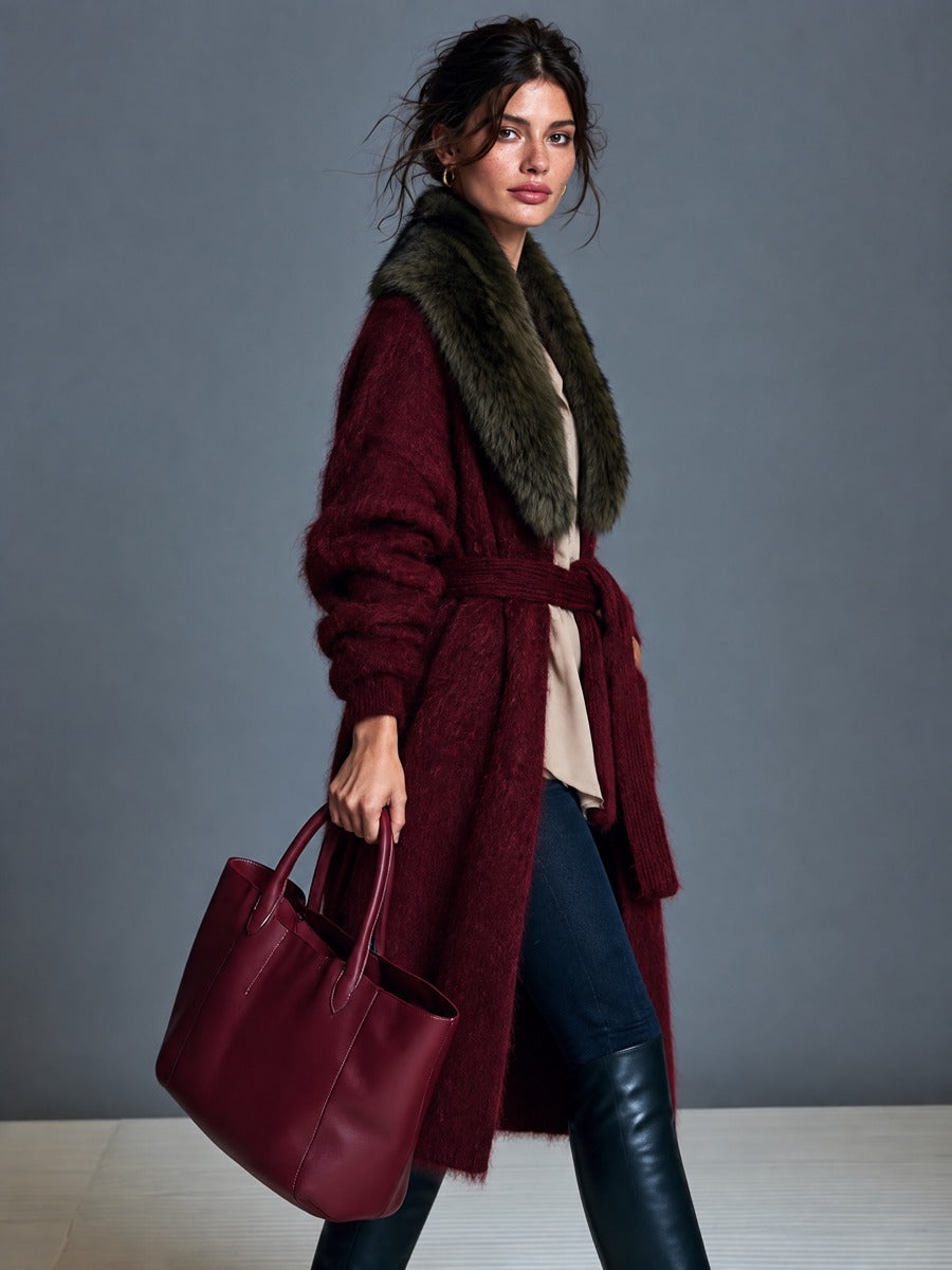 Chaqueta de mohair vintage con cinturón y cuello chal de pelo