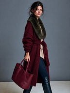 Chaqueta de mohair vintage con cinturón y cuello chal de pelo