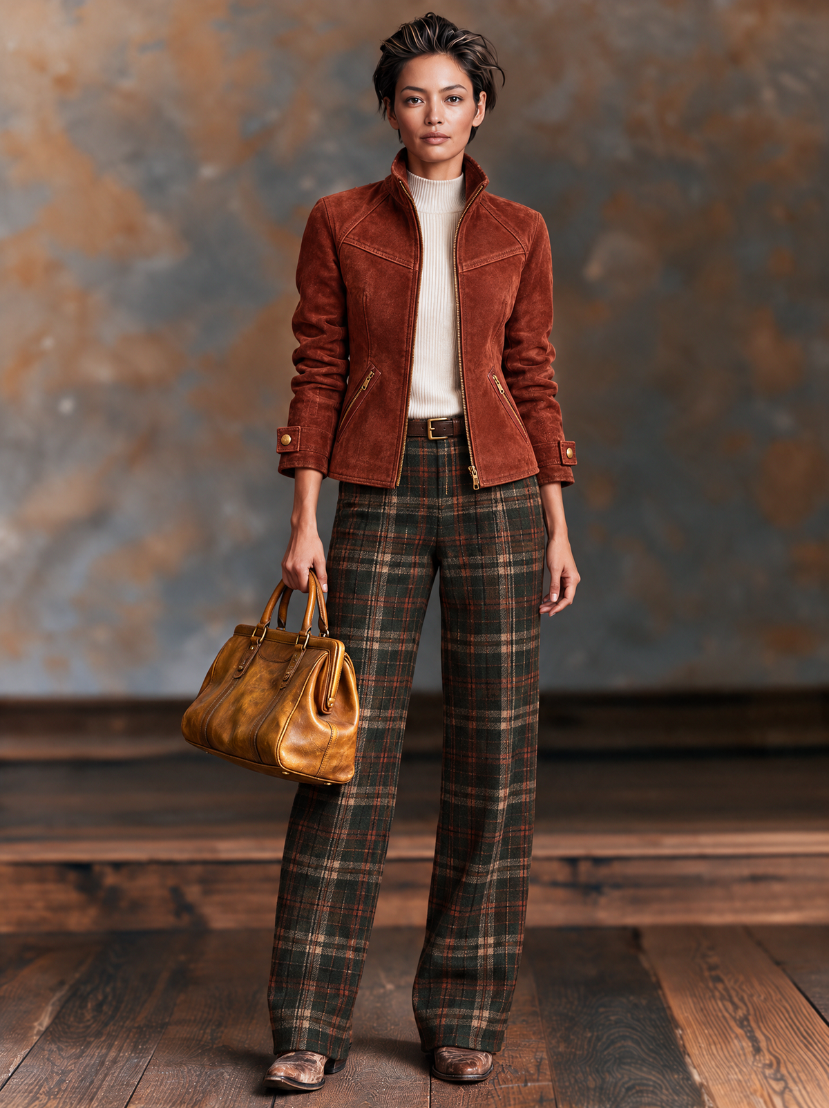 Chaqueta vintage de antelina con cremallera y cuello alzado