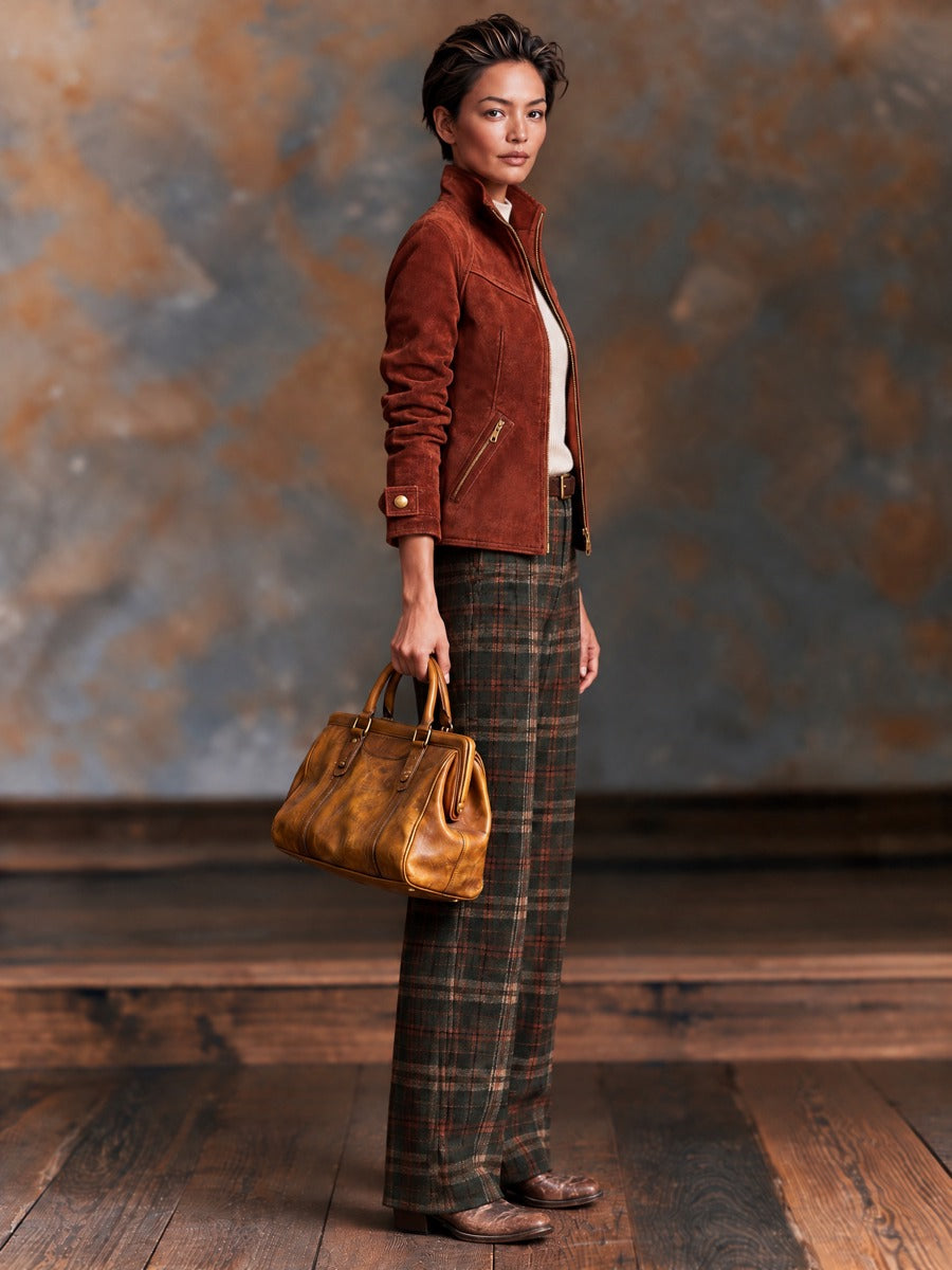 Chaqueta vintage de antelina con cremallera y cuello alzado