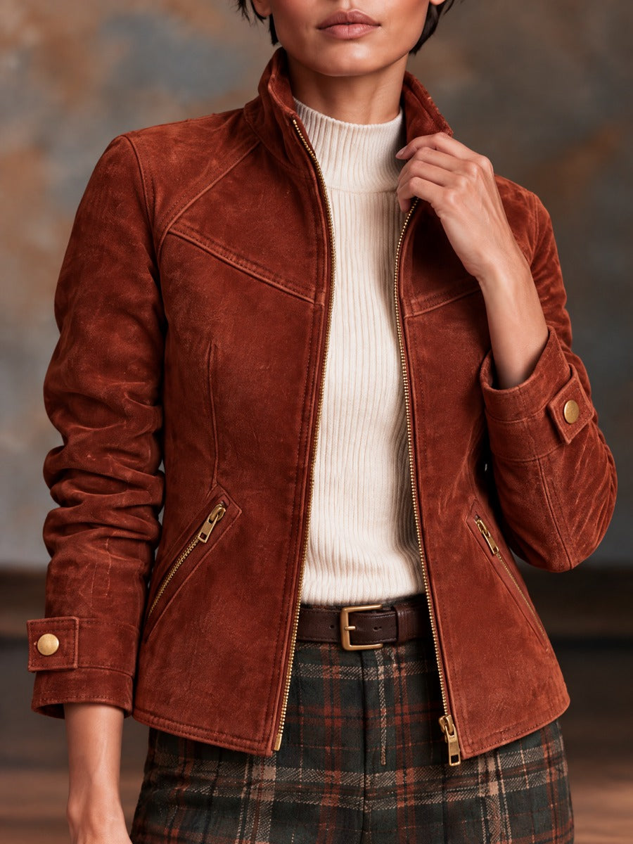Chaqueta vintage de antelina con cremallera y cuello alzado