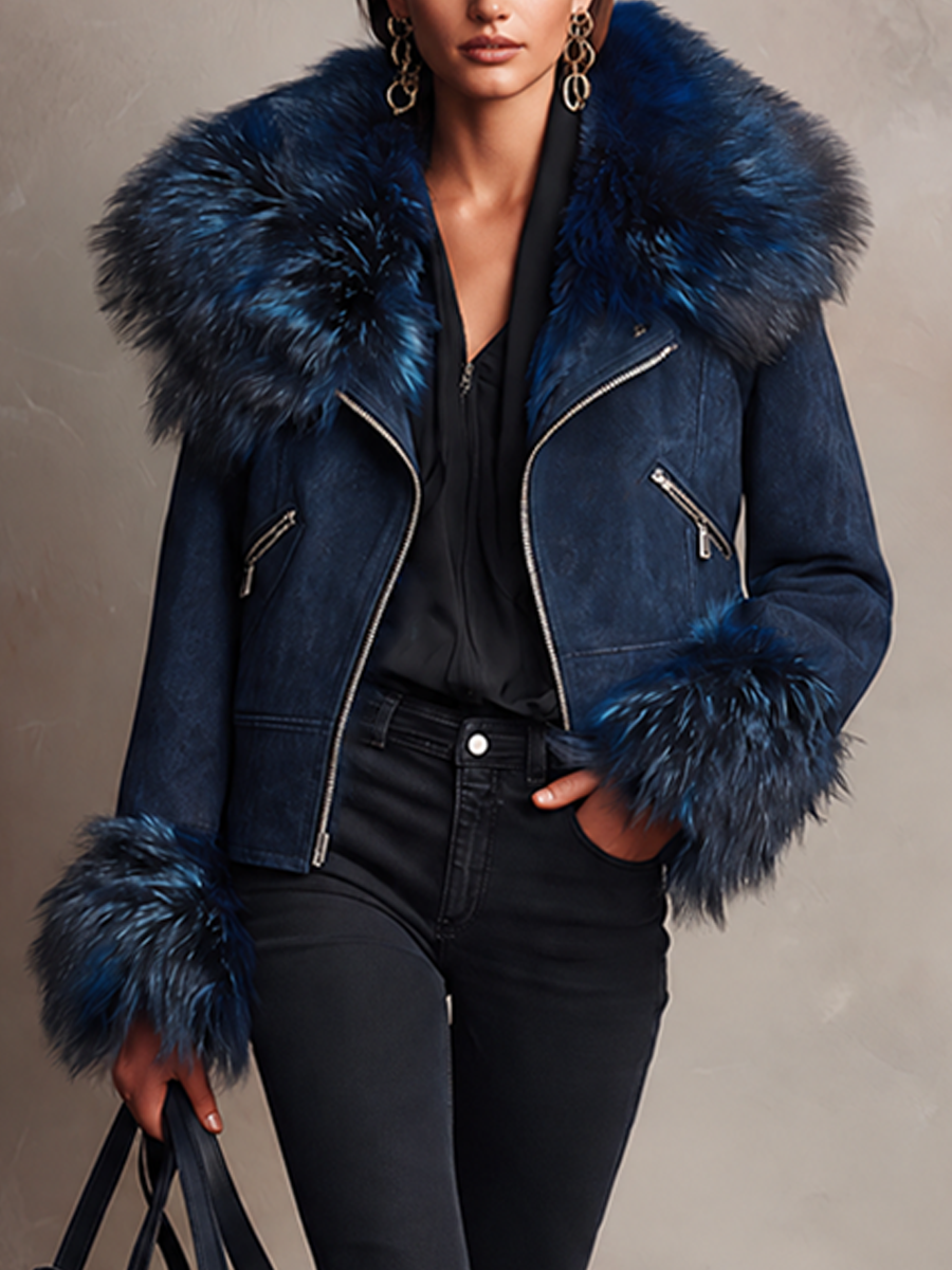 Chaqueta corta de antelina con ribete de pelo