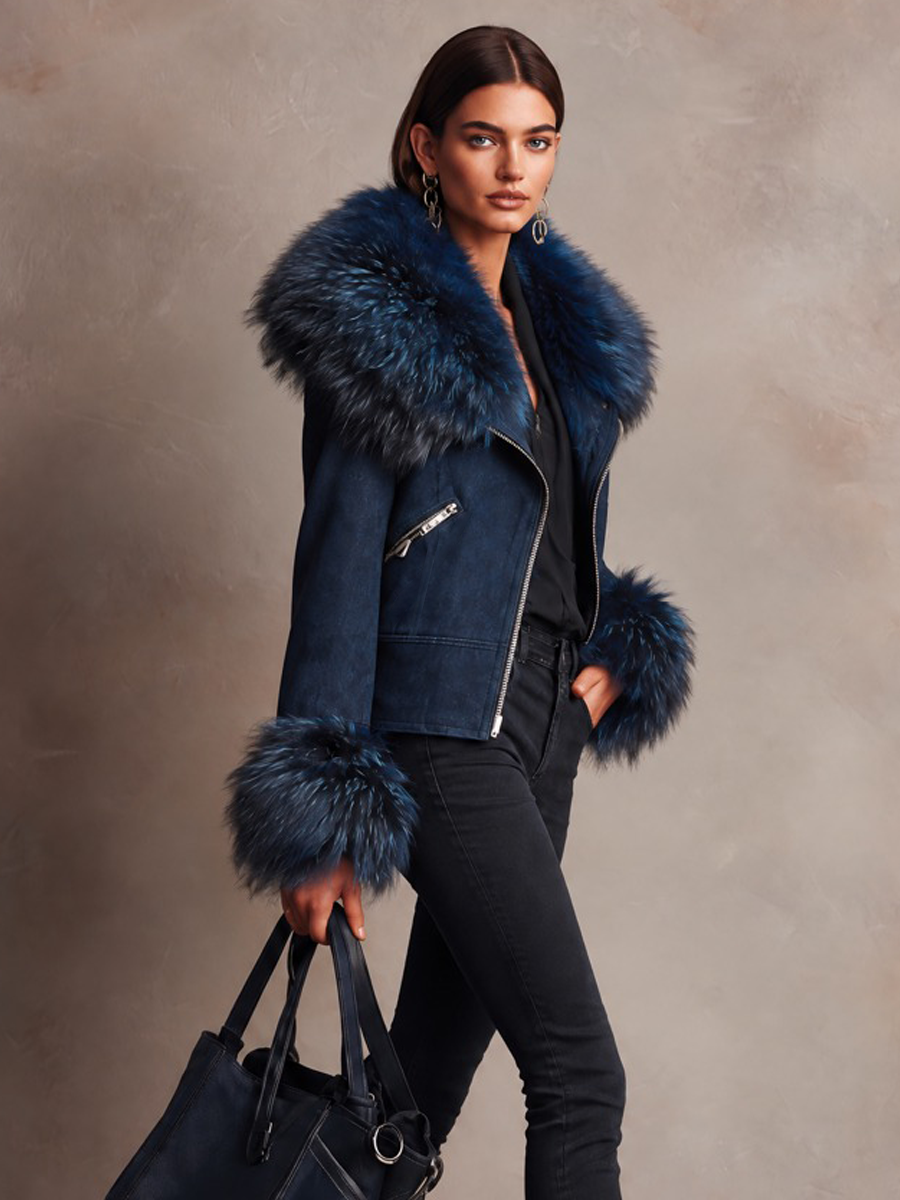 Chaqueta corta de antelina con ribete de pelo