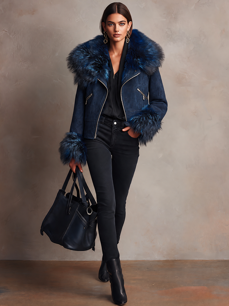 Chaqueta corta de antelina con ribete de pelo