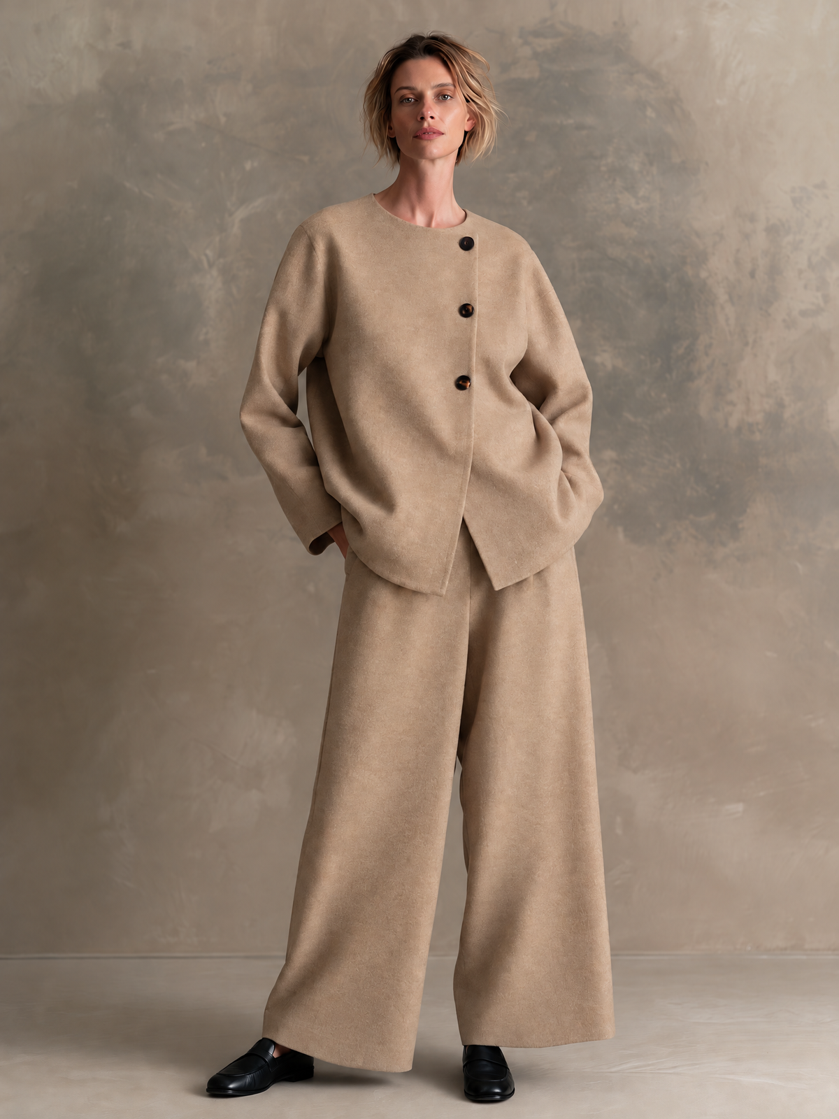 Conjunto de chaqueta corta de lana con botones asimétricos y pantalón ancho