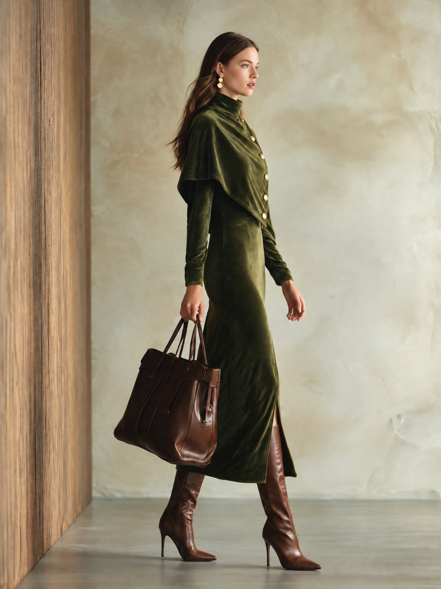 Vestido midi de terciopelo con capa y botones