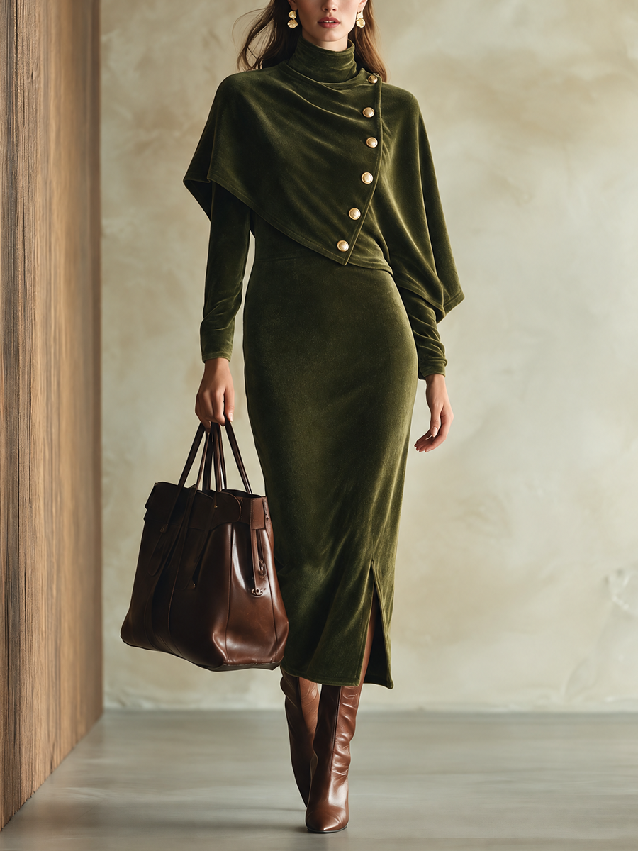Vestido midi de terciopelo con capa y botones