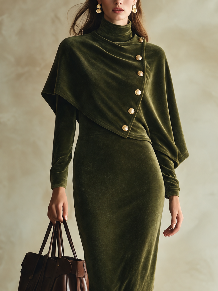 Vestido midi de terciopelo con capa y botones
