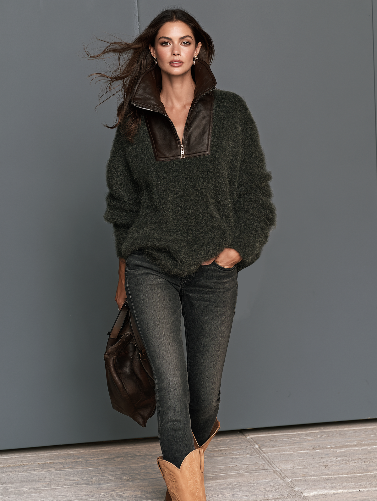 Jersey de mohair verde oliva con cuello de piel