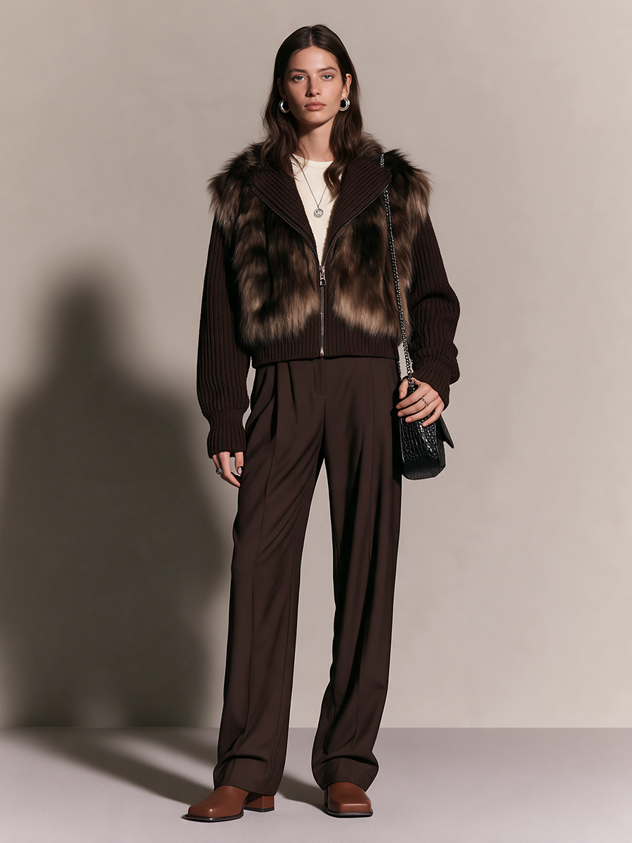 Chaqueta corta de punto canalé con paneles de pelo sintético y cremallera