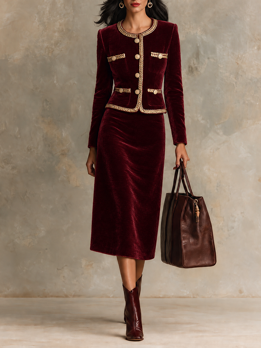Conjunto de terciopelo con chaqueta corta y falda midi con ribete dorado