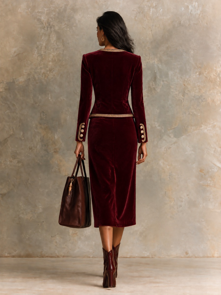 Conjunto de terciopelo con chaqueta corta y falda midi con ribete dorado