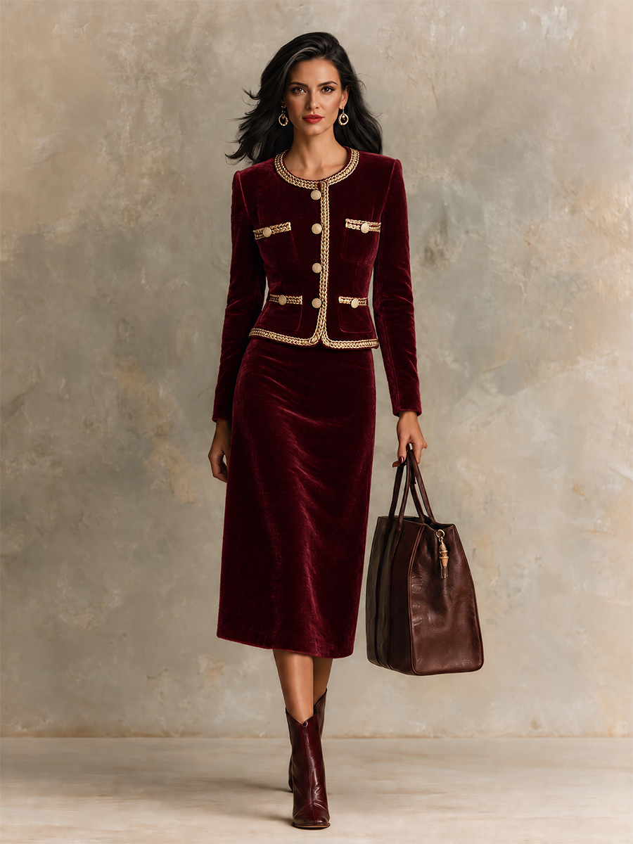 Conjunto de terciopelo con chaqueta corta y falda midi con ribete dorado