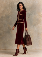 Conjunto de terciopelo con chaqueta corta y falda midi con ribete dorado