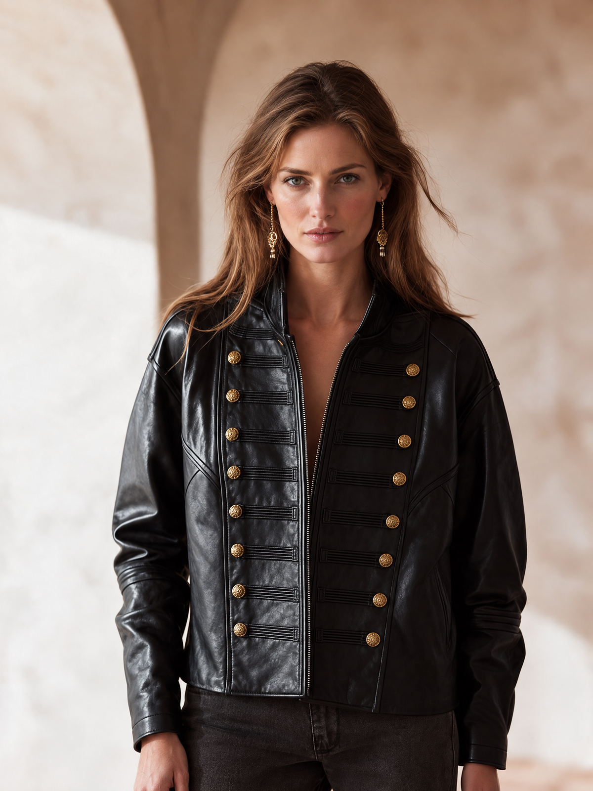 Chaqueta de piel vintage con cuello alzado y botones dorados cruzados