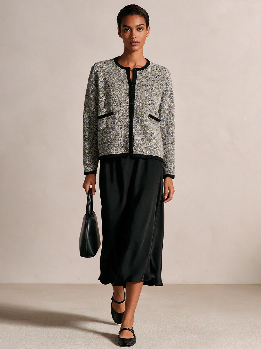 Conjunto de chaqueta de punto con ribete en contraste y falda satinada