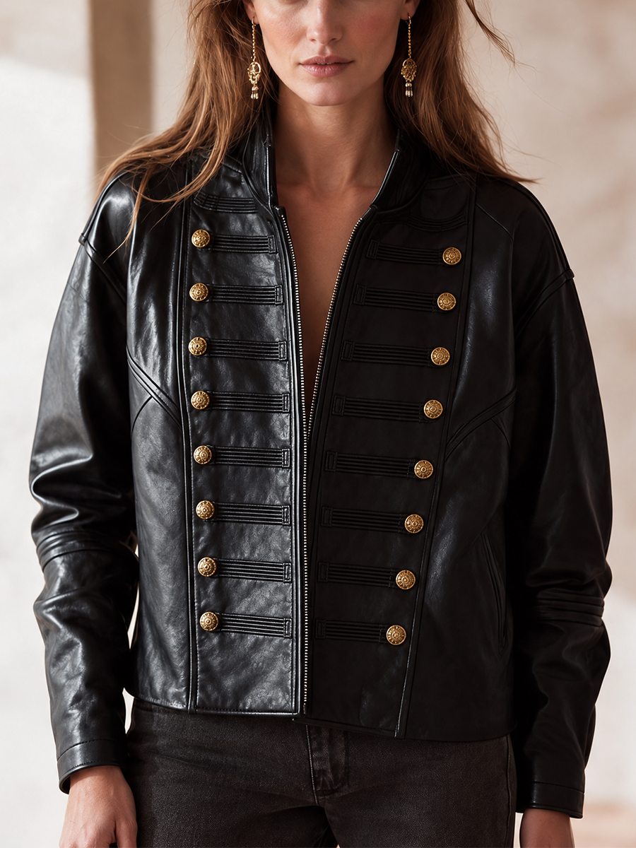 Chaqueta de piel vintage con cuello alzado y botones dorados cruzados