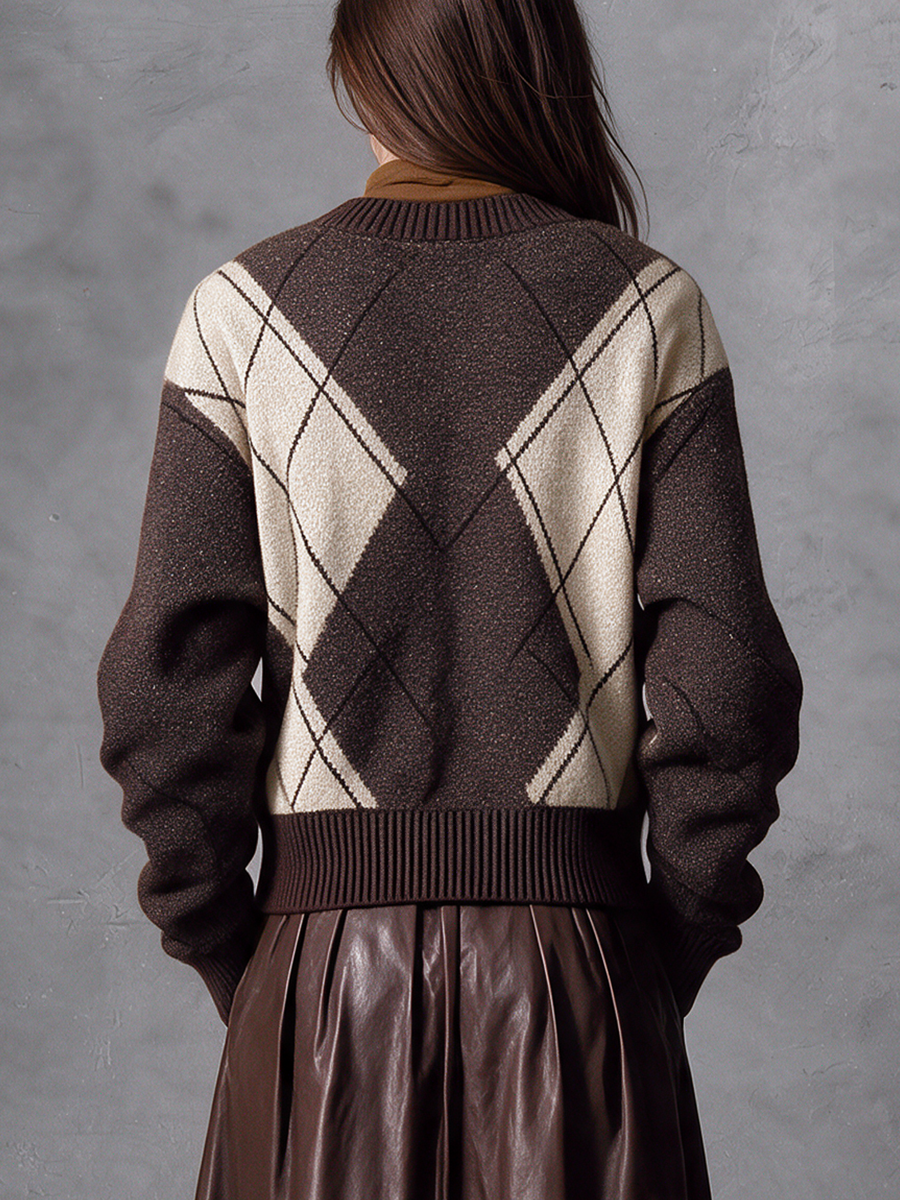 Chaqueta de punto de rombos con bloques de color y escote en V