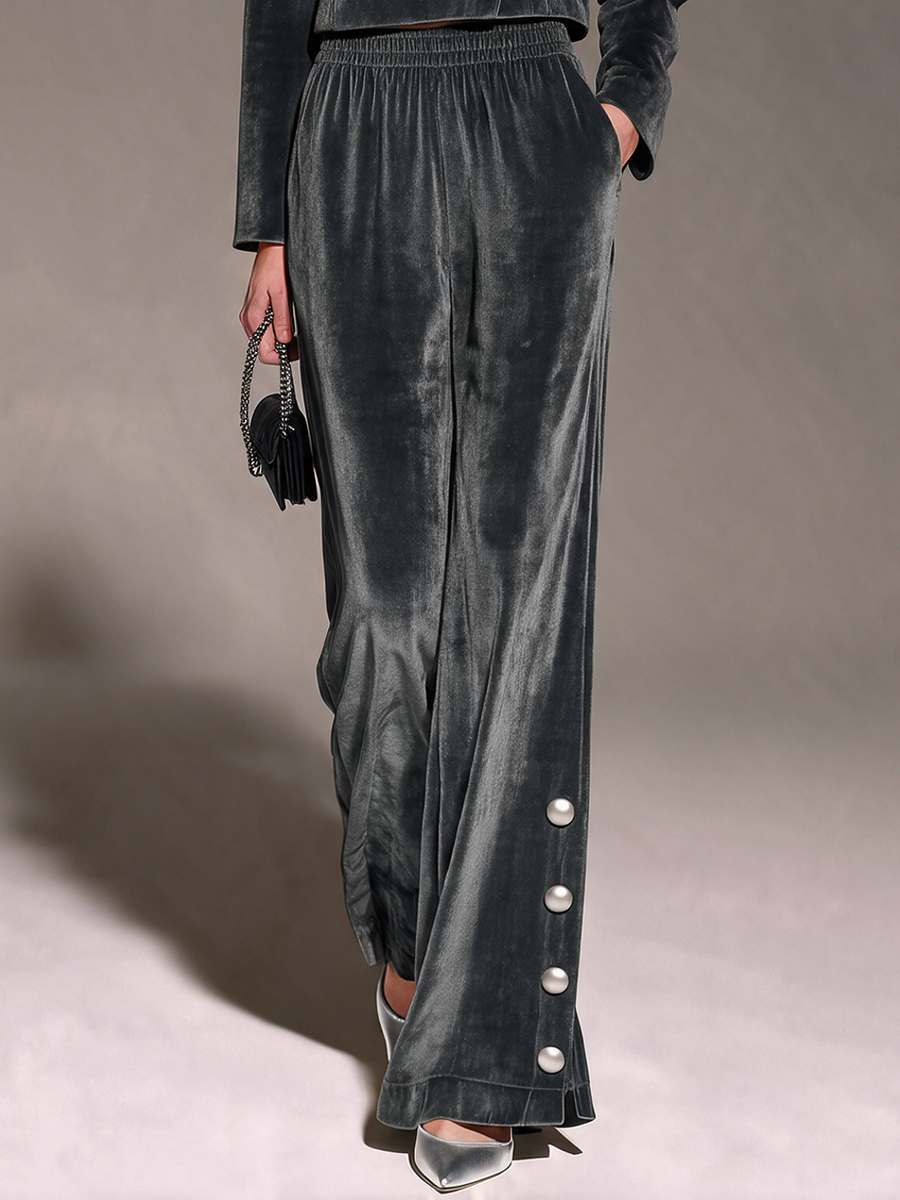 Pantalón ancho de terciopelo gris marengo con botones laterales