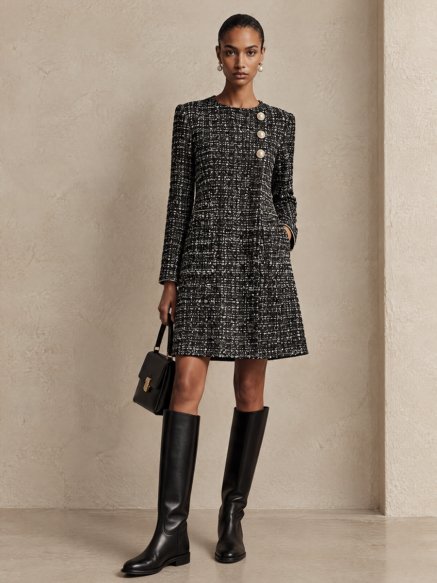 Vestido corto de tweed evasé con botones de perla