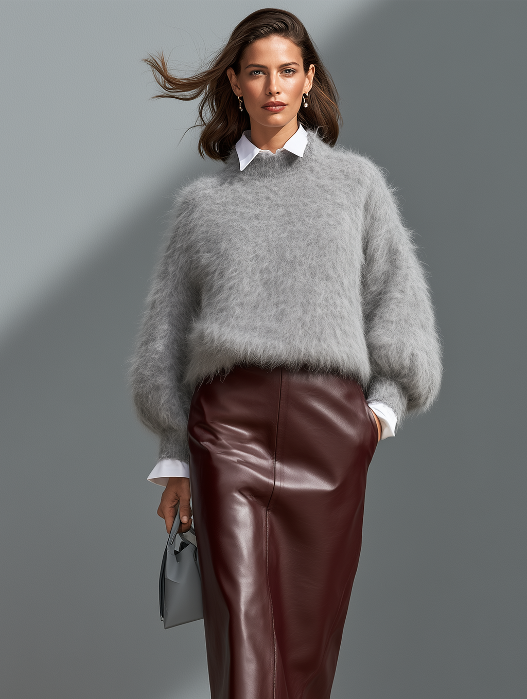 Jersey de punto gris con cuello efecto doble capa