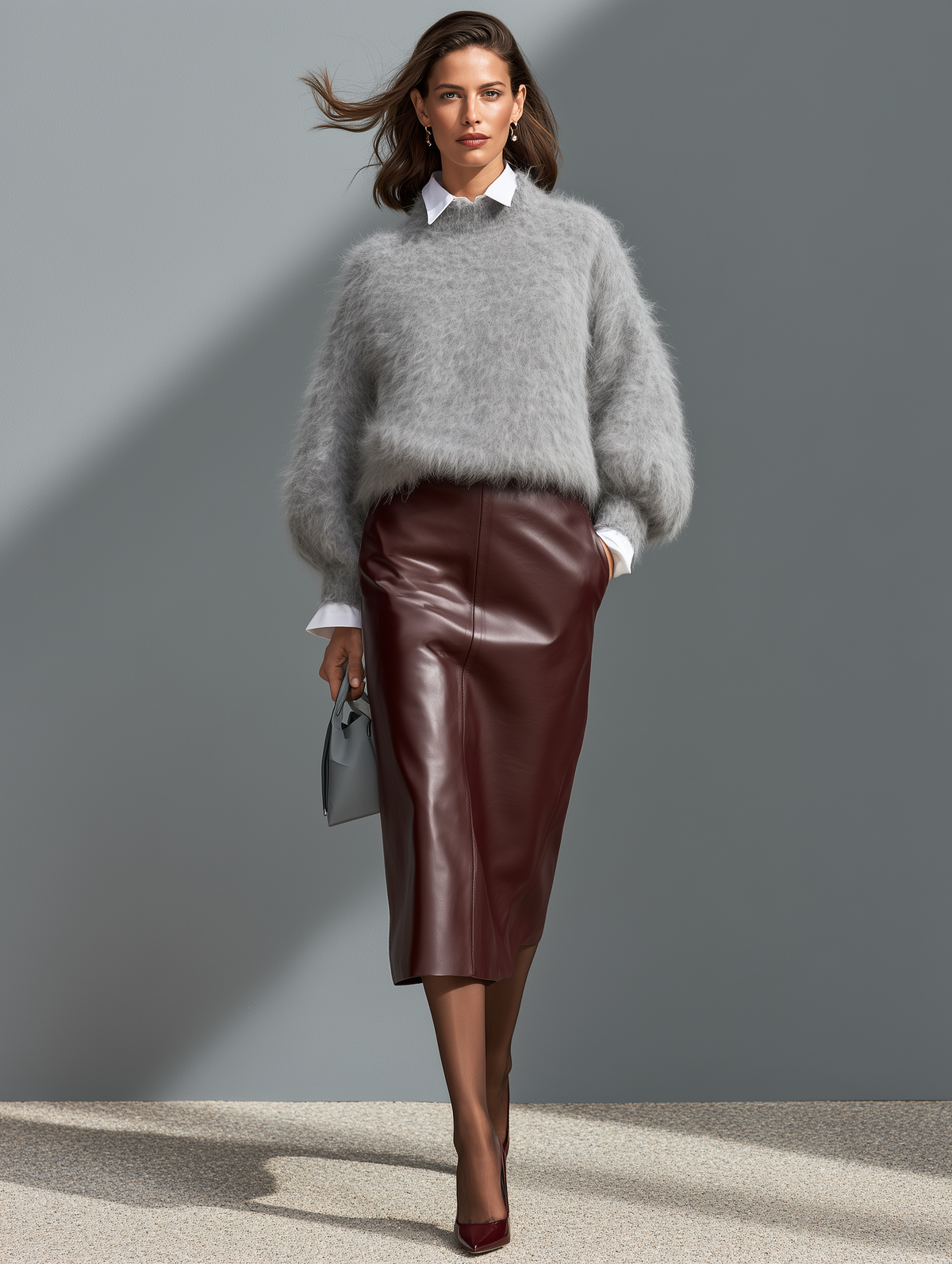 Falda midi de piel ecológica rojo oscuro