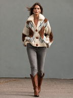 Chaqueta de punto beige con cuello de pelo