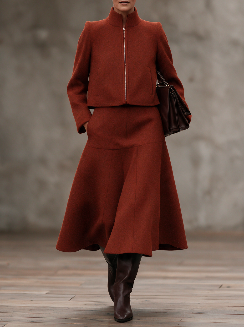 Conjunto de lana con chaqueta corta de cuello alzado y falda midi evasé