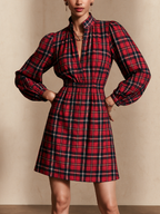 Vestido corto retro de cuadros con mangas globo y cintura marcada