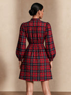 Vestido corto retro de cuadros con mangas globo y cintura marcada