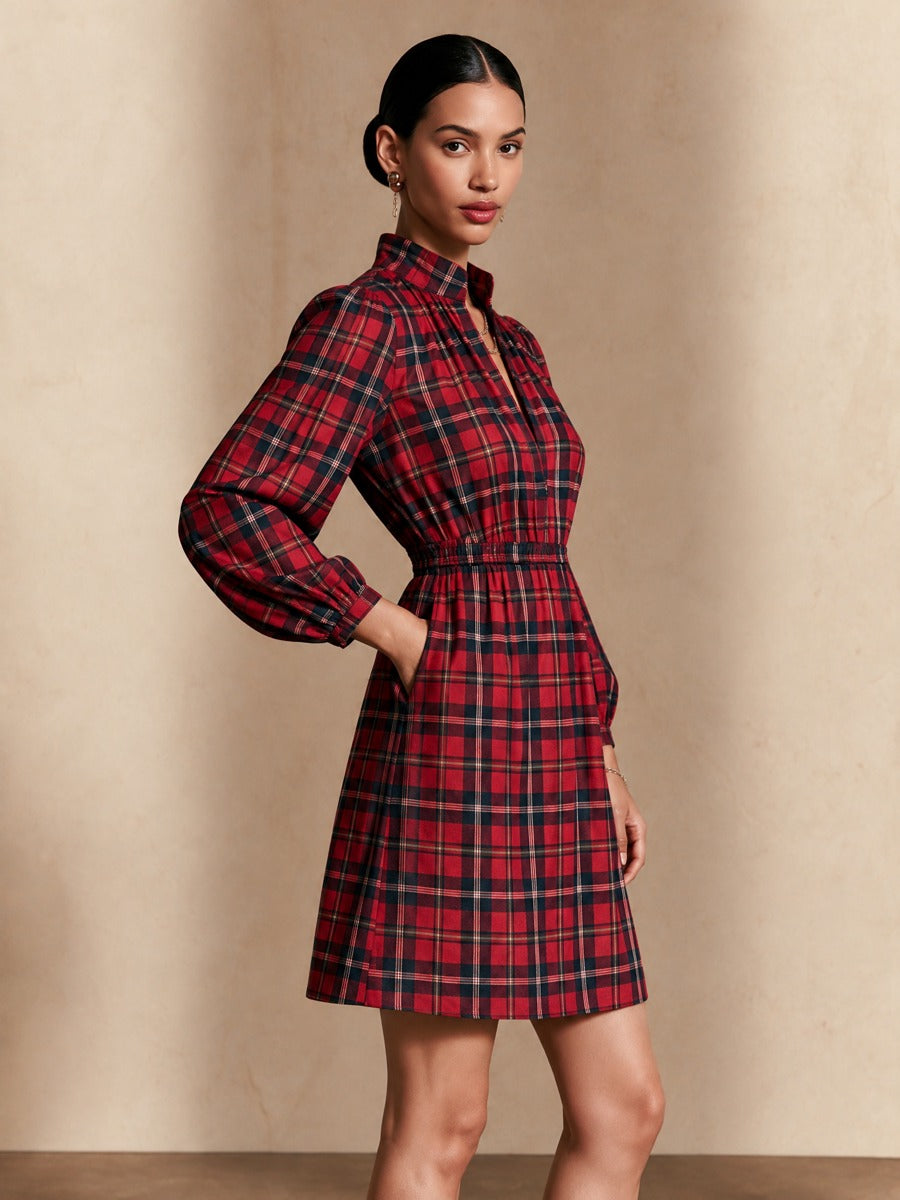 Vestido corto retro de cuadros con mangas globo y cintura marcada