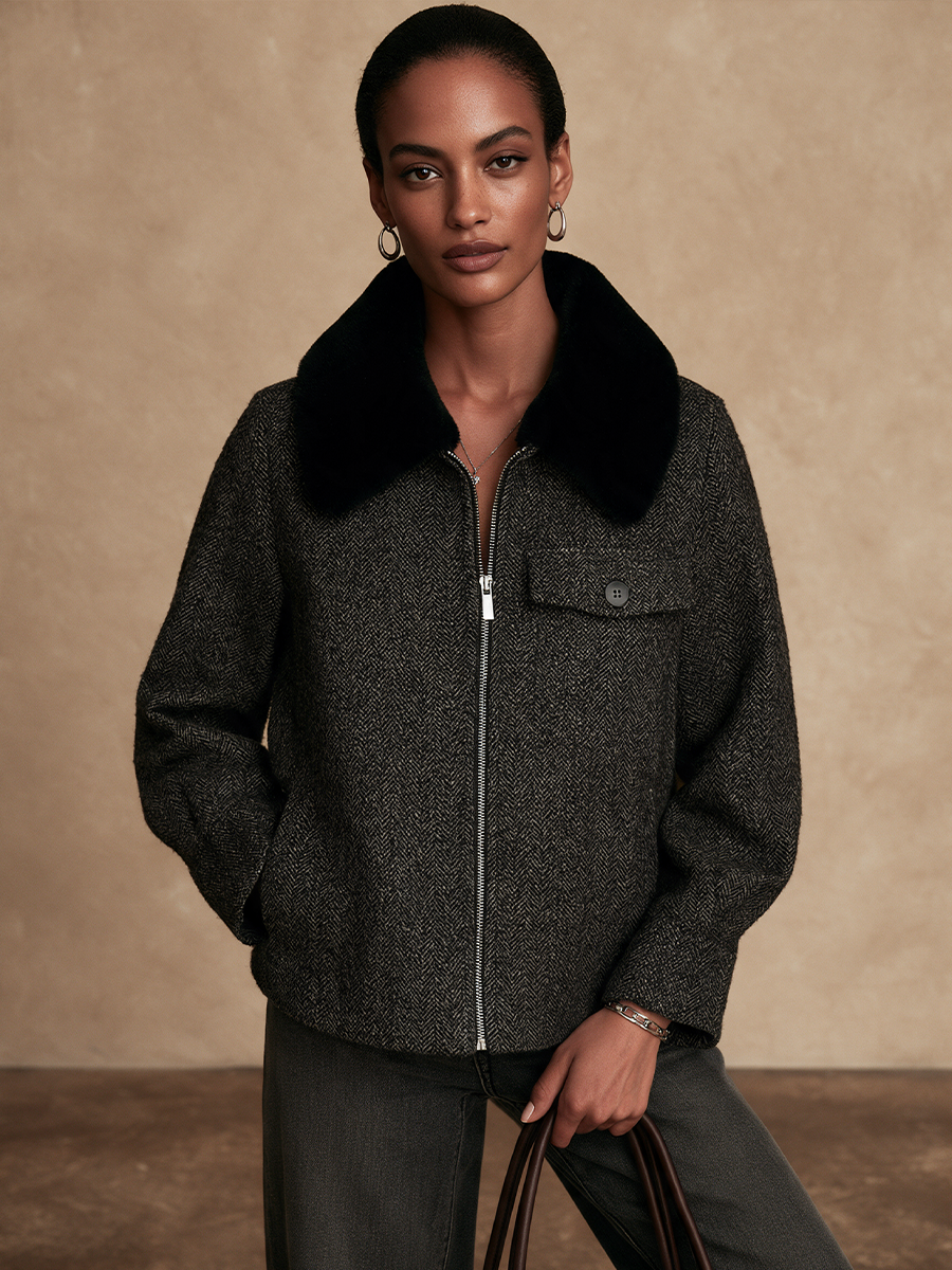 Chaqueta corta retro de espiga con cuello de pelo