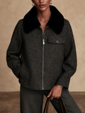 Chaqueta corta retro de espiga con cuello de pelo