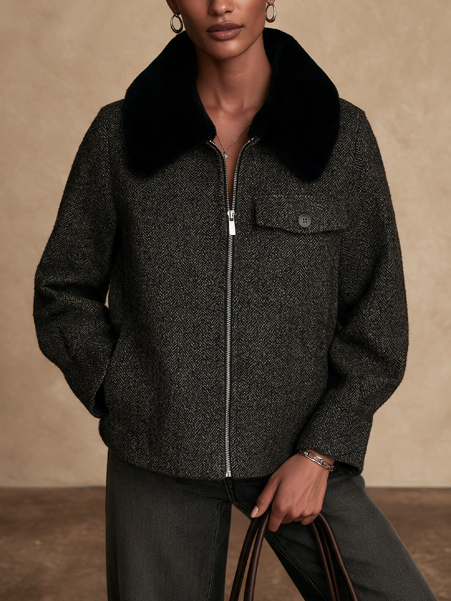 Chaqueta corta retro de espiga con cuello de pelo