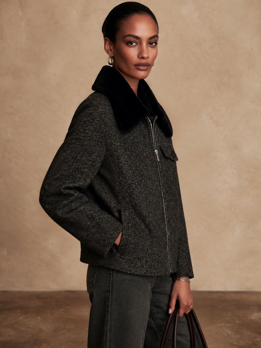 Chaqueta corta retro de espiga con cuello de pelo