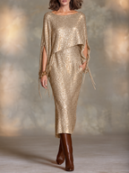 Vestido midi de lentejuelas champán con mangas capa