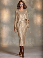 Vestido midi de lentejuelas champán con mangas capa