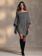 Vestido jersey corto gris marengo con hombros descubiertos y manga murciélago