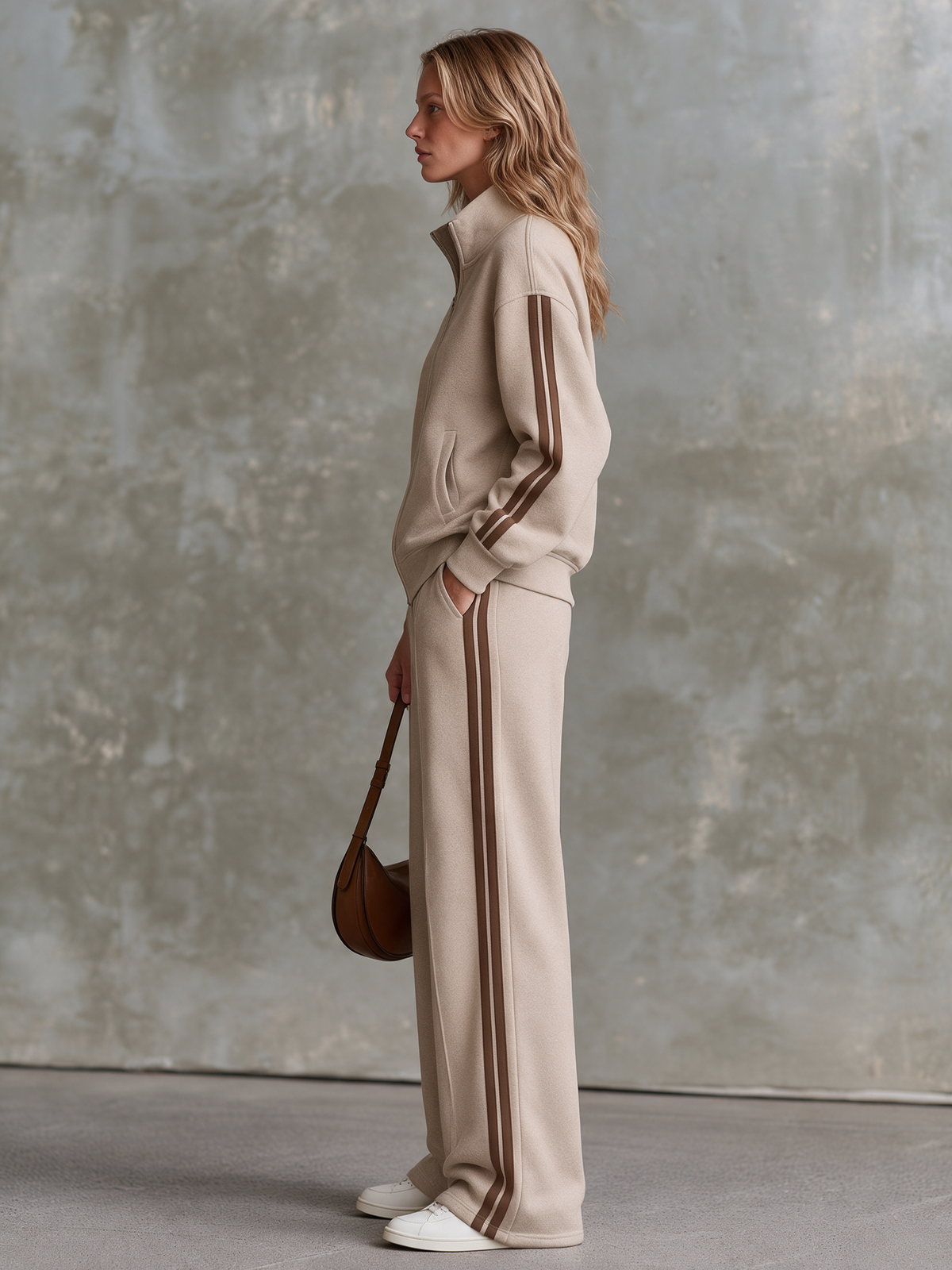 Conjunto de chaqueta de felpa con cremallera y pantalón ancho con franjas marrones
