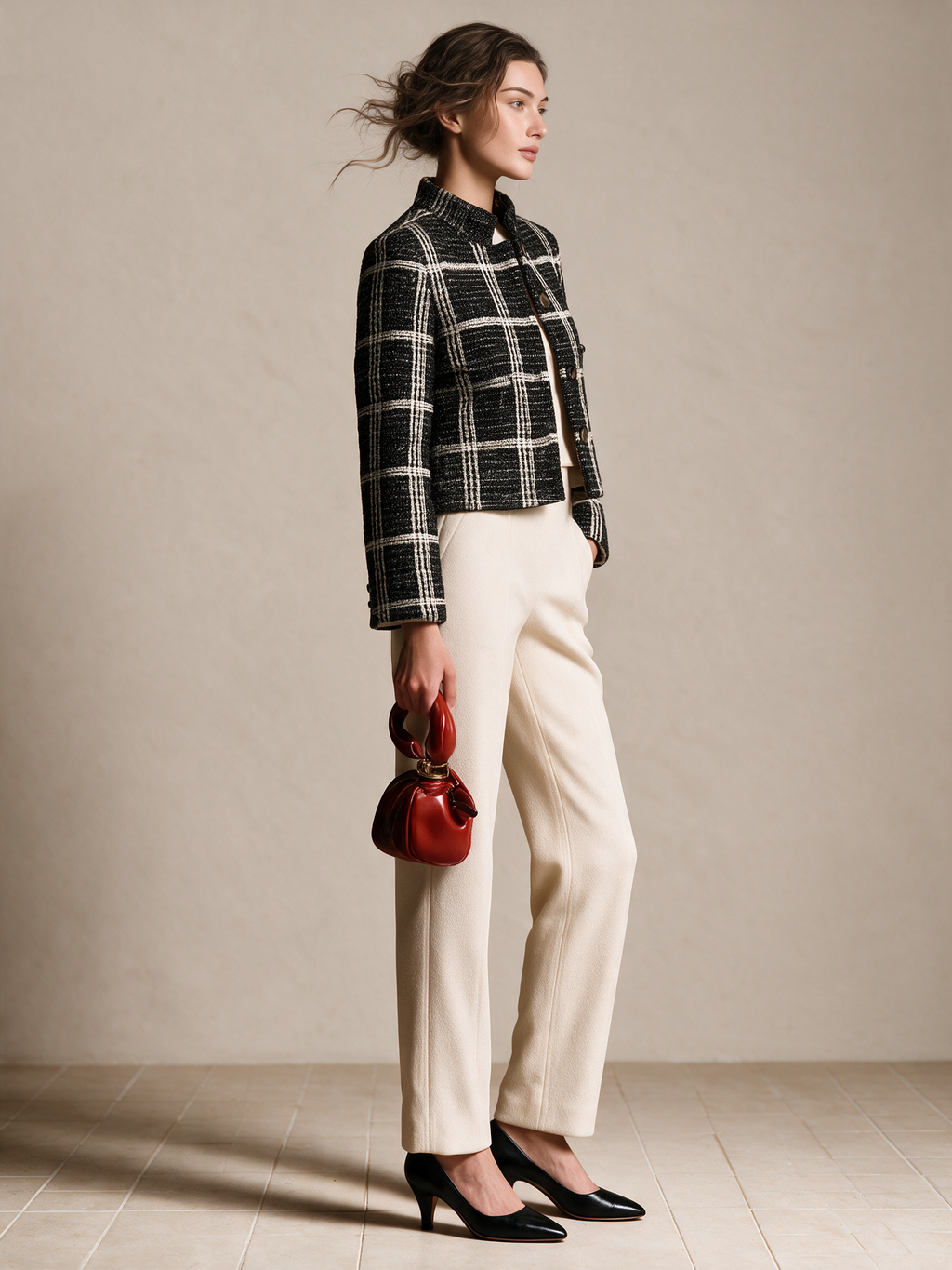Chaqueta corta de tweed a cuadros negro y crema con botones de perla