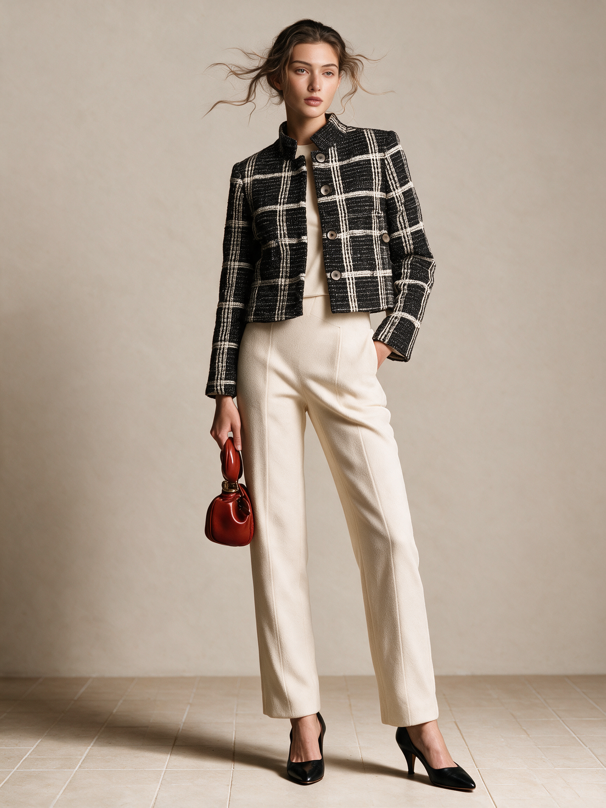 Chaqueta corta de tweed a cuadros negro y crema con botones de perla