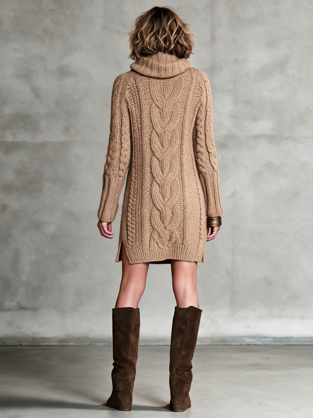 Vestido jersey corto de ochos camel con cuello vuelto y aberturas