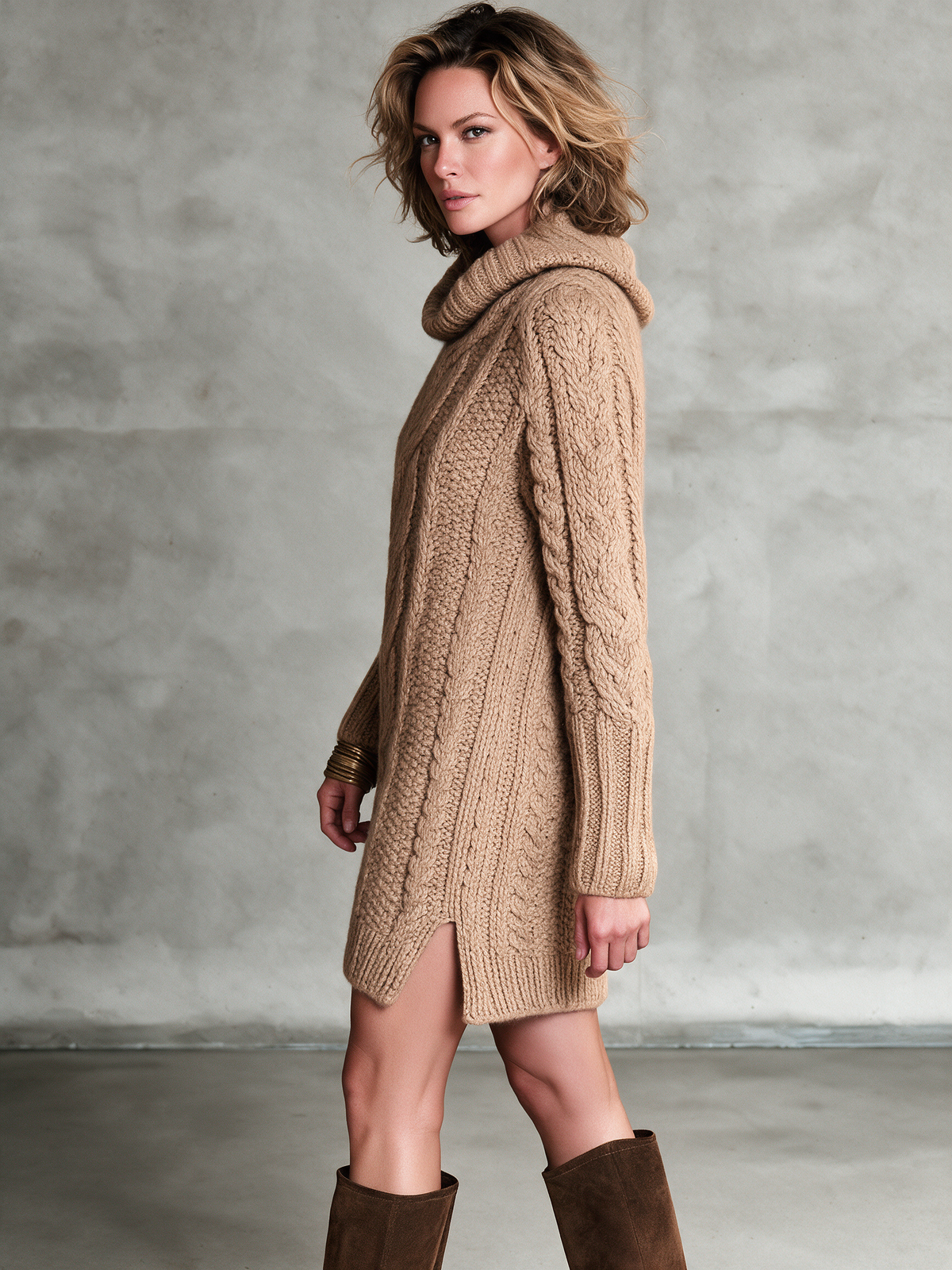 Vestido jersey corto de ochos camel con cuello vuelto y aberturas