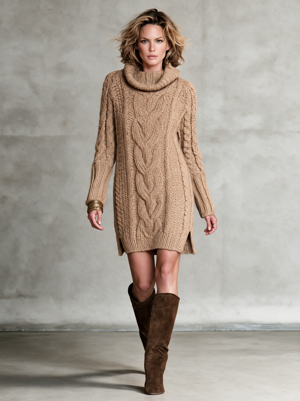 Vestido jersey corto de ochos camel con cuello vuelto y aberturas