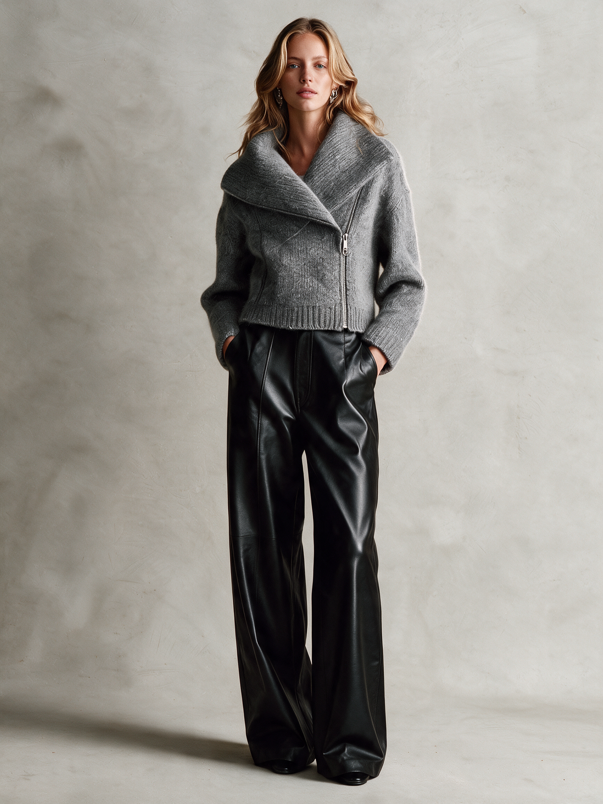 Chaqueta corta de punto gris con cuello chal y cremallera asimétrica