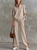 Conjunto de chaqueta de felpa con cremallera y pantalón ancho con franjas marrones