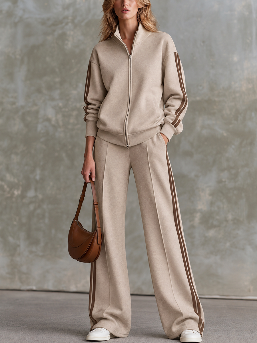 Conjunto de chaqueta de felpa con cremallera y pantalón ancho con franjas marrones